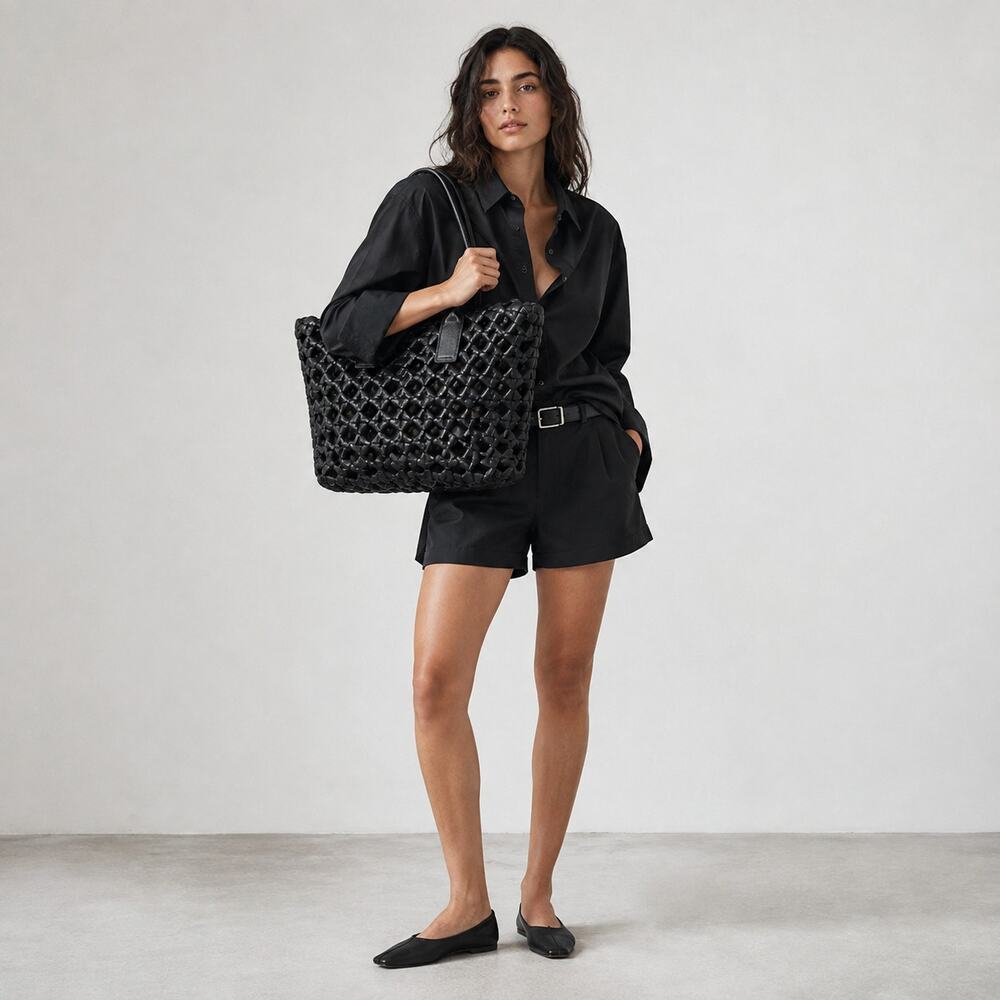 Black Genuine Leather Woven Tote Bag Large Shoulder Handbag Open Top Womens